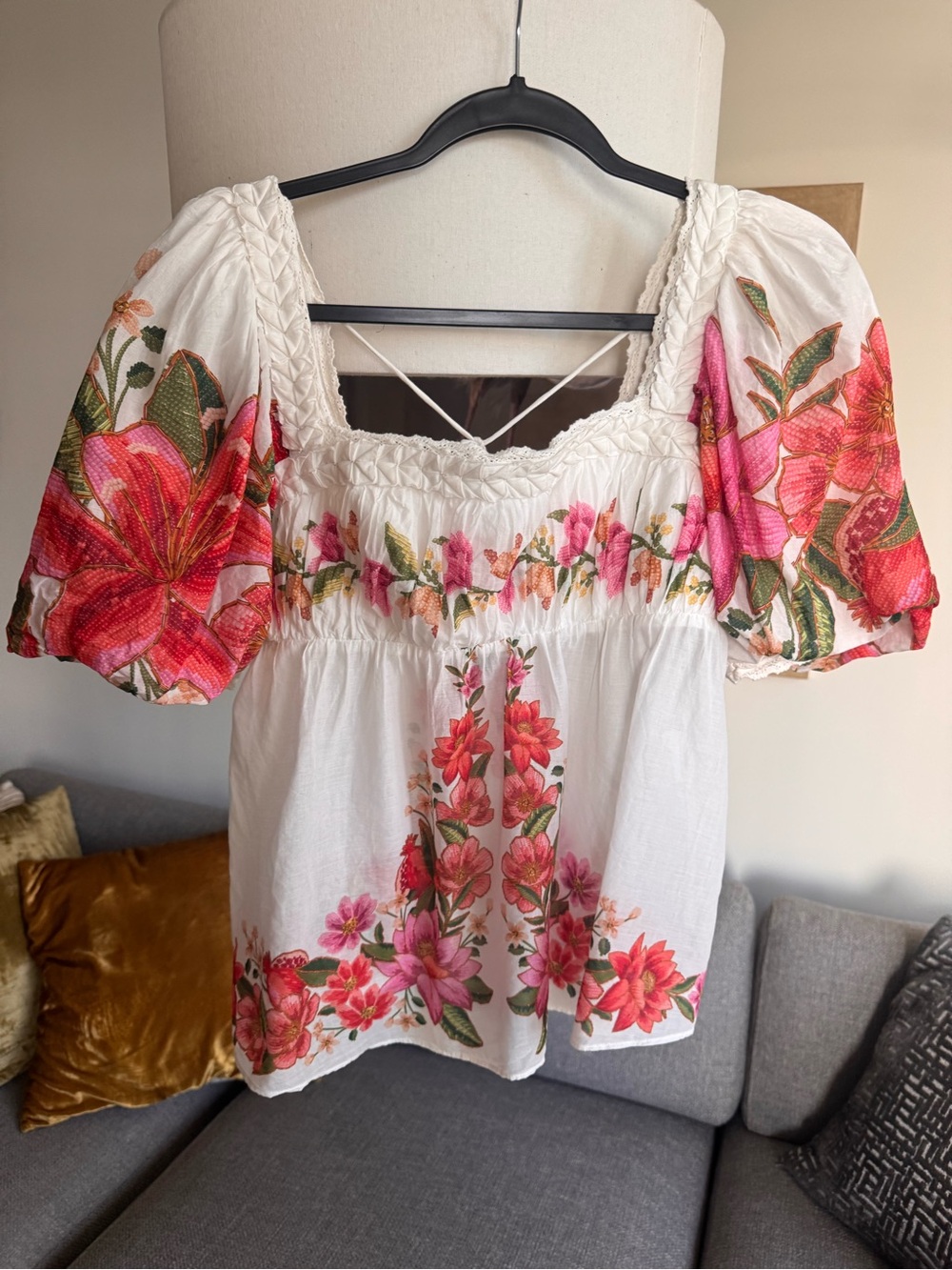 Farm Rio Summer Fruit Blouse - Off white size medium with beaded tie close